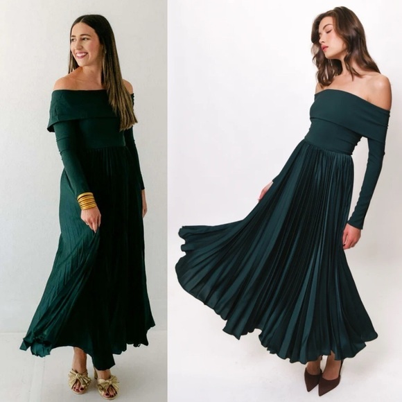 NEW! Hutch- Long-Sleeve Off-The-Shoulder Pleated Maxi Dress Size 2 Forest Green - Picture 2 of 16